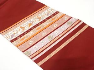 未使用品　斜め縞に花鳥更紗模様織り出し　名古屋帯